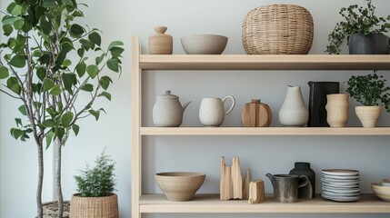 Aufkleber - Minimalist Wooden Shelf Showcasing Neutral Pottery and Dried Flowers in a Contemporary Interior Setting During Daylight