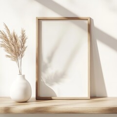 Poster - Elegant Home Decor Arrangement Featuring a Blank Frame, Minimalist Vases, and Dried Flowers in Natural Light During the Day