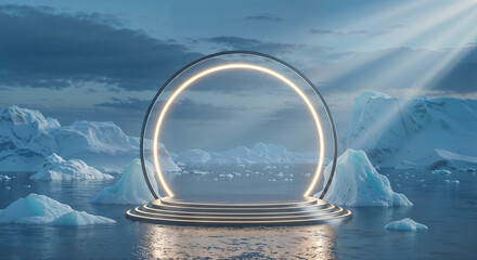 Poster - futuristic round podium against the backdrop of arctic ice for product presentation or advertising . Generative AI