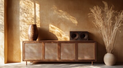 Poster - Stylish Wooden Furniture in a Bright Room With Natural Light, Showcasing Decorative Elements and a Warm Atmosphere