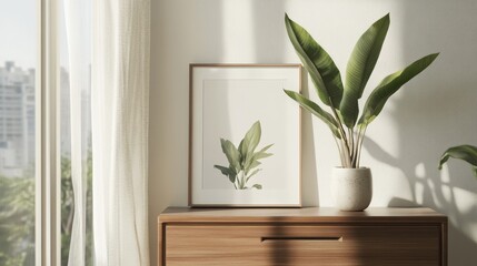 Poster - Light Floods an Empty Room Showcasing a Wooden Bench and Wall-Mounted Frame Beside a Large Window With Greenery Outside