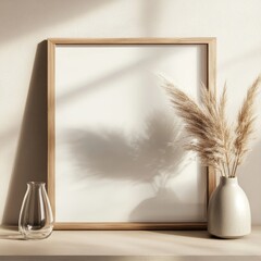 Poster - Elegant Interior Decor Featuring a Minimalistic Framed Artwork With Soft Shadows Cast by Dried Plants in Neutral Tones During Afternoon Light
