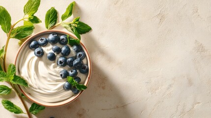 Aufkleber - Close-up of a ceramic bowl showcasing smooth coconut cream adorned with blueberries and mint, placed on a polished stone surface with warm lighting