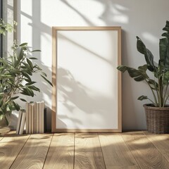 Poster - Bright and Airy Indoor Corner With Wooden Frame, Houseplants, and Natural Light Creating Beautiful Shadows in a Minimalist Setting