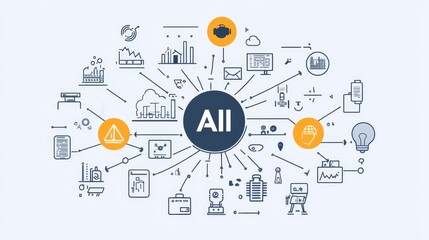 Poster - Illustration Showcasing the Concept of Artificial Intelligence With Interconnected Diagrams and Symbols Representing Various Applications and Data Sources