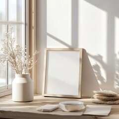 Poster - Natural Light Spills Into a Cozy Interior, Showcasing a Blank Frame, Vases, and Decorative Elements on a Wooden Surface