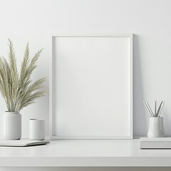 Poster - Bright and Airy Workspace With Minimal Decor Featuring a Blank Frame, a Vase of Dried Plants, and Art Supplies During Afternoon Sunlight