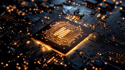 Aufkleber - Modern Microprocessor on a Circuit Board With Glowing Signals During Nighttime
