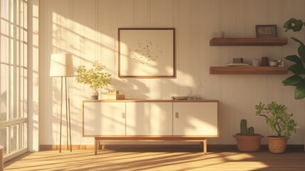 Poster - Modern Living Room Design Featuring Minimalistic Furniture and Soft Lighting in a Neutral-Toned Space With Indoor Plants