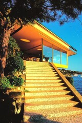 Poster - Bright Modern Interior With Stunning Lake View Showcases Vibrant Design Elements and Natural Light During Sunset in a Contemporary Home
