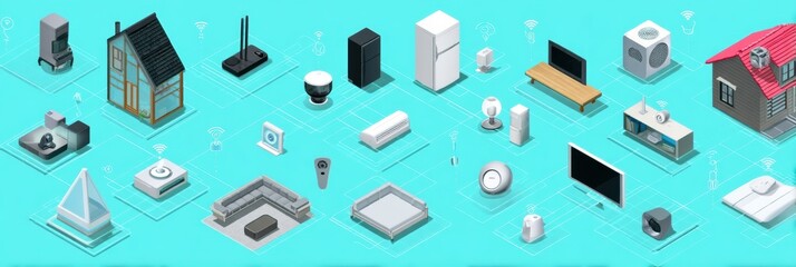 Aufkleber - Showcasing an Isometric Ecosystem of Smart Home Connected Devices and Appliances in a Modern Digital Environment Generative AI