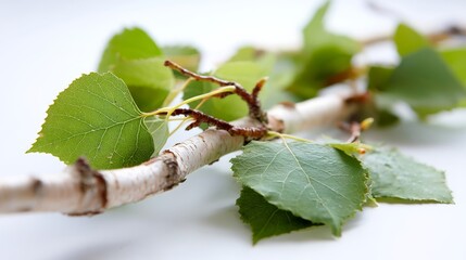 Poster - Slender birch branch with sparse green leaves arranged on a clean white surface. This composition provides a refreshing and natural aesthetic with copy space