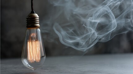 Fototapete - Incandescent light bulb emits a warm glow as smoke gently swirls around it against a dark background, creating an atmospheric and captivating visual effect