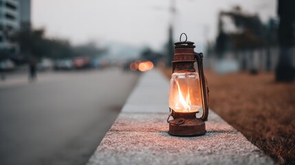 Poster - A rustic lantern rests on a stone ledge, its flickering flame illuminating the surroundings as darkness envelops the evening. Soft bokeh creates a tranquil backdrop