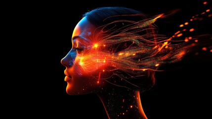 Aufkleber - Profile of a Woman With Digital Particles Blending Into the Environment, Highlighting Artificial Intelligence Concepts and Human Integration in Technology