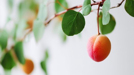 Aufkleber - A close-up view reveals a ripe apricot suspended from a delicate branch surrounded by lush green leaves, perfect for highlighting seasonal fruits and nature