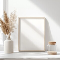 Poster - Minimalist Interior Featuring a Blank Frame, Wooden Stool, and Decorative Elements in a Softly Lit Room