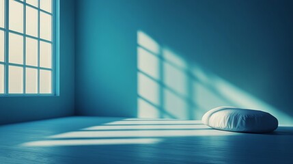 Poster - Empty Room With Blue Walls and Sunlight Streaming Through Windows in a Quiet Space
