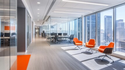 Poster - Modern Office Interior Design Showcasing Collaborative Workspace With Glass Walls and Vibrant Orange Accents in a Bright Corporate Environment