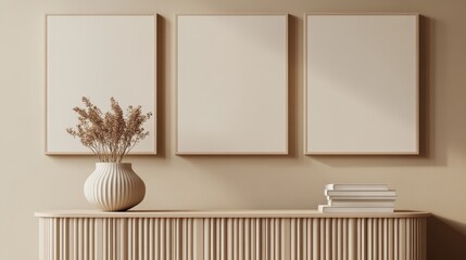 Poster - Modern Interior Featuring Minimalist Frames and Decorative Vase in a Serene Living Room Setting With Neutral Tones and Clean Lines