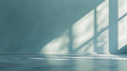 Poster - Soft Sunlight Illuminates a Serene Blue Wall and Floor in a Peaceful Indoor Space During the Late Afternoon