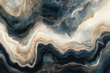 Poster - Abstract marble design with flowing, wavy patterns of deep blues, whites, and golds. Intricate veining and textures create a luxurious, visually appealing backdrop