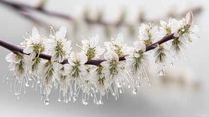 Poster - Slender willow branches adorned with sparse foliage feature glistening water droplets, creating a serene, organic aesthetic against a clean white backdrop