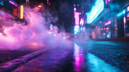 Poster - Colorful Neon Pathway Emerges Through Misty Clouds in a Surreal Landscape at Nighttime With Vibrant Blue and Pink Lighting Effects