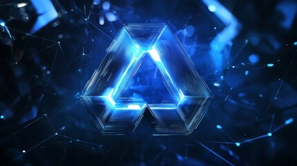 Aufkleber - Digital Design Featuring a Glowing Triangular Shape Against a Dark Background With Intricate Patterns and Blue Illumination, Showcasing Modern Technology Aesthetics