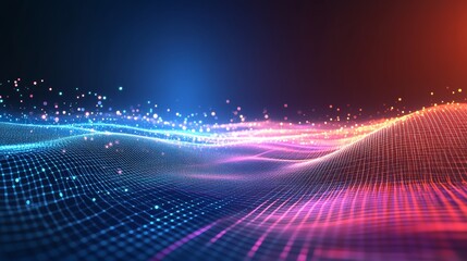 Poster - Digital Wave of Blue Light Particles Flows Through an Abstract Grid Space Showcasing Technology and Creativity