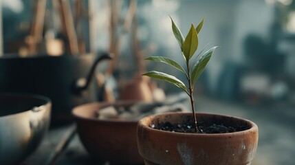 Poster - Tiny green plant shoot emerges from a clay pot, illuminated by warm evening light, exuding freshness and hope, with ample copy space available on the right side