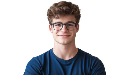 Fototapete - A young man with curly hair and black glasses smiles warmly while wearing a navy blue t-shirt, isolated on white or transparent background
