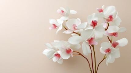Aufkleber - Close-up of sophisticated white orchids featuring gentle pink accents, artfully arranged against a soft blush background, providing a serene and elegant aesthetic
