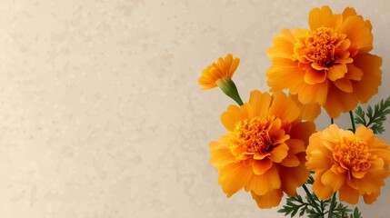 Aufkleber - Bright golden marigold flowers with intricate petal designs sit gracefully on a warm beige surface, adding a touch of elegance and color to the setting