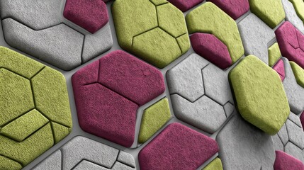 Poster - Close-up view of a modern arrangement of pentagon shapes in shades of lime and magenta on a white background, featuring an organized and clean pattern