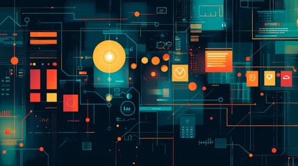 Aufkleber - Modern Digital Workspace With Three Professionals Collaborating in a High-Tech Environment Featuring Screens and Data Visualizations