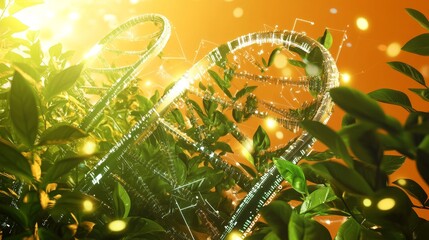 Poster - Detailed Representation of a DNA Structure Made of Greenery, Illuminated by Soft Golden Light in a Forest Setting During Twilight