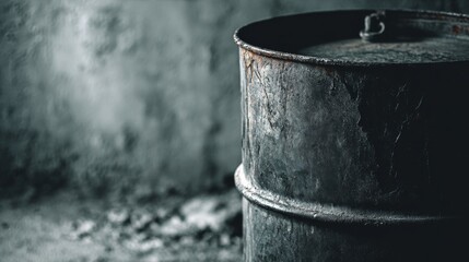 Leinwandbilder - eye-level close-up showcases a black metal oil barrel featuring subtle surface scratches, set agains