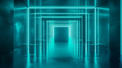 Poster - Futuristic Corridor With Glowing Blue Lights Illuminating a Sleek, Reflective Surface in a Modern Architectural Space