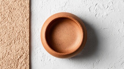 Poster - Empty ceramic bowl is centered on a textured white surface, showcasing a minimalistic aesthetic perfect for creative projects or product displays