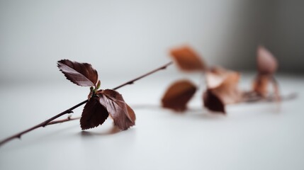 Aufkleber - Bare twigs with stunning brown-toned leaves are loosely arranged on a white surface, beautifully illuminated by soft natural light, creating a serene composition