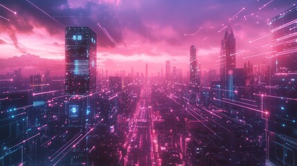 Aufkleber - Futuristic City Skyline at Night Showcasing Vibrant Lights and Digital Overlays With a Glowing Grid Structure