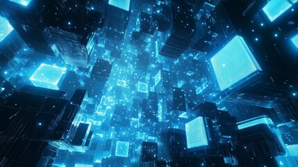 Poster - Visually Striking Digital Landscape With Glowing Blue Cubes in a Three-Dimensional Space Creating a Futuristic Atmosphere
