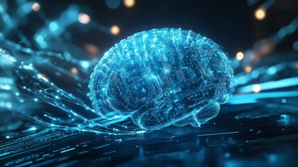 Fototapete - Representation of a Digital Brain Illuminated in Blue, Depicting Advanced Technology and Neural Networks Set Against a Vibrant Abstract Background