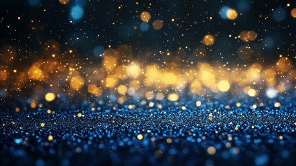Poster - Sparkling Golden and Blue Particles Create an Enchanting Atmosphere With Shimmering Lights and Soft Highlights Against a Dark Backdrop