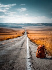 Aufkleber - Open Road Stretches Towards the Horizon With a Backpack Resting Beside It Under a Clear Blue Sky in a Tranquil Landscape Generative AI