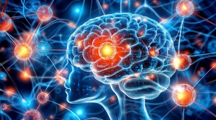 Fototapete - Exploring the Connection Between Youth and Technology Through a Creative Representation of the Human Brain Surrounded by Digital Elements