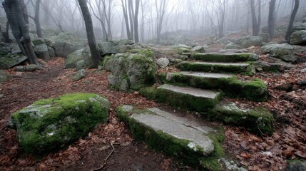 Aufkleber - Moss-covered stairs cut through a foggy forest filled with bare trees and scattered fallen leaves creating a tranquil, ethereal atmosphere