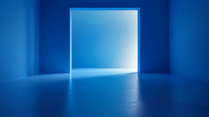 Poster - Bright Room With Blue Walls and Sunlight Streaming Through Large Windows Creating Patterns on the Floor