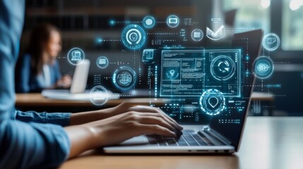Aufkleber - Hands Engaged in Digital Tasks on a Laptop Displaying Futuristic Technology Concepts in a Modern Workplace Setting During Daytime